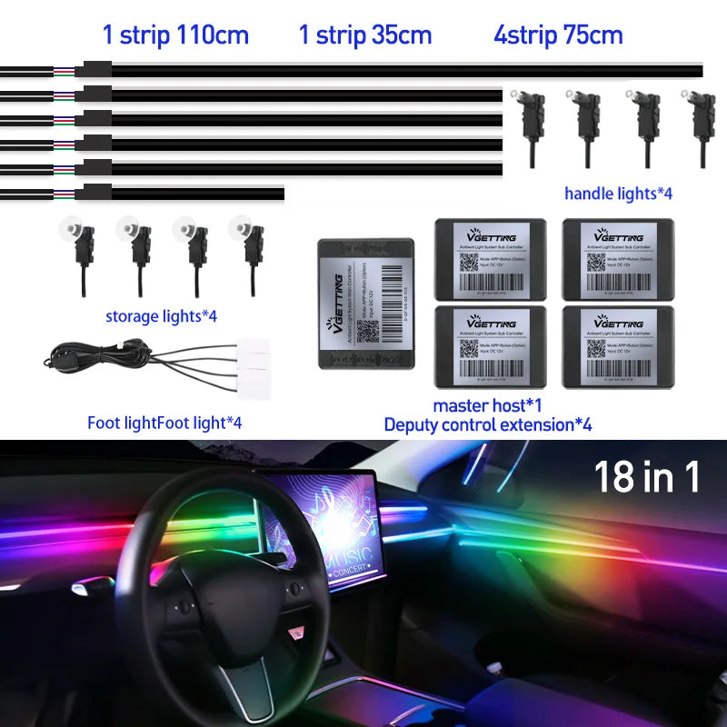 RGB Car Ambient Interior Lights – Full Colour LED Streamer Strip for Dashboard & Footwell