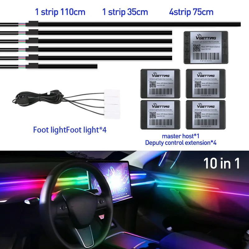 RGB Car Ambient Interior Lights – Full Colour LED Streamer Strip for Dashboard & Footwell