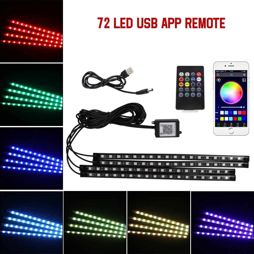 RGB Car Ambient Foot Light – USB Wireless Remote & App Control Interior LED Strip