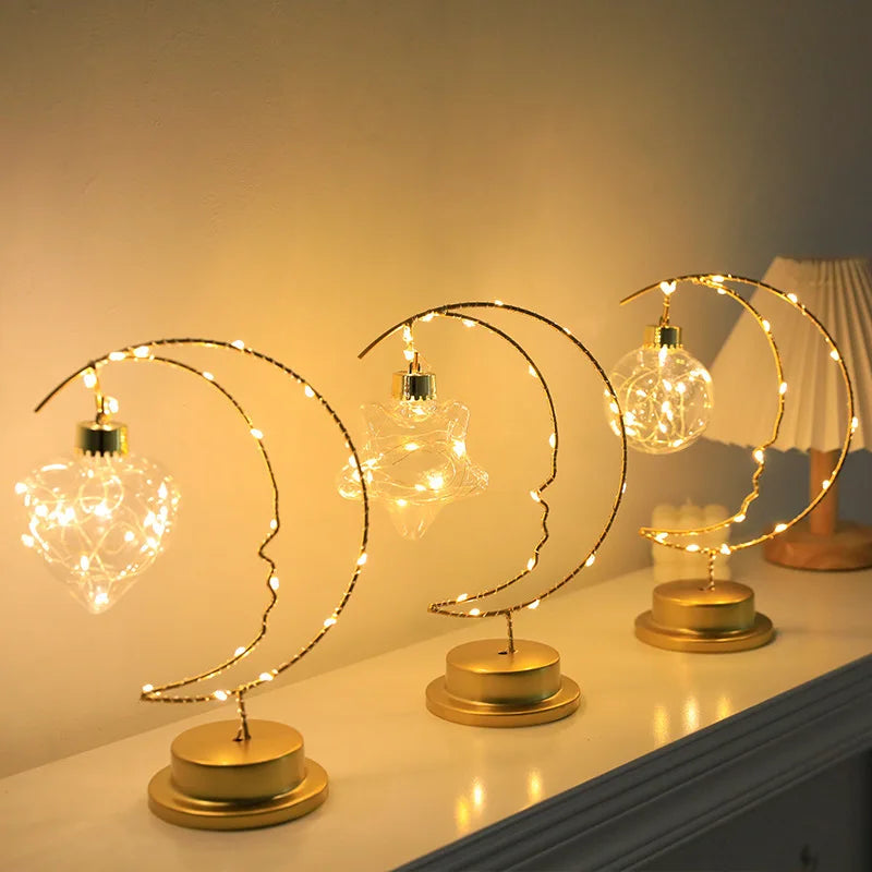Star Moon Bedside Table Lamp Battery for soft bedroom ambience, in Heart, Star, or Round Ball