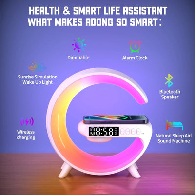 Wireless Charging Alarm Clock Speaker Lamp RGB shown as soft ambient home lighting