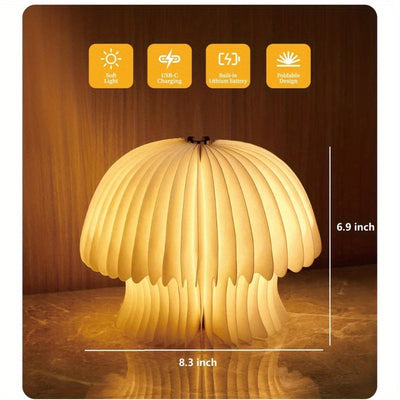 Natural Wood Foldable Mushroom Lamp | Rechargeable & Cordless